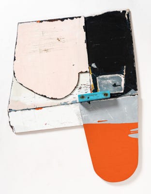Shaped painting by Karen Stamper.  66 x 84 cm. Paper collage and acrylic on wooden panel