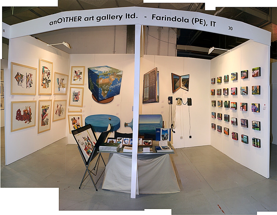 view of stand at Affordable Art Fair, Milan 2012 with artworks by Paul Critchley, Michael Downs & Sasja Hagens